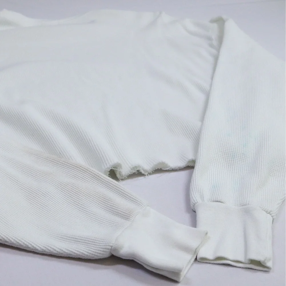 John Galt Nantucket Graphic Thermal Top Women OS White Blue Cropped Waffle Knit - Picture 9 of 13
